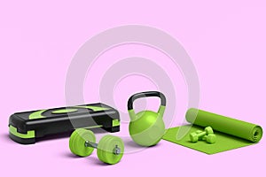 Isometric view of sport equipment like yoga mat, dumbbell and stepper on pink