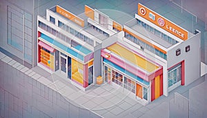 Isometric view of a store and salesroom in an urban environment in an illustrative style