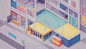 Isometric view of a store and salesroom in an urban environment in an illustrative style