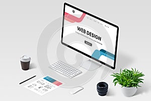 Isometric view of web designer work desk with computer display and modern web page concept