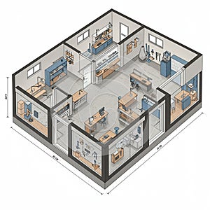 Isometric view of a workshop or studio layout featuring multiple workstations. The photo