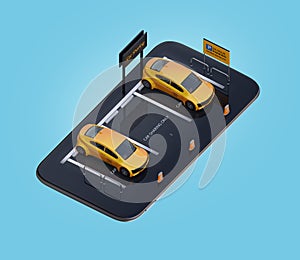 Isometric view of yellow electric cars with car sharing billboard on smartphone