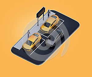 Isometric view of yellow electric cars with car sharing billboard on smartphone. Yellow background