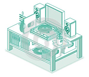 Isometric vinyl LP record player with disk. Table with recorder and two speakers. Stereo system. Objects isolated on white