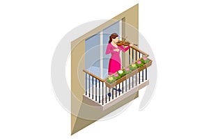 Isometric violinist. Woman playing the violin. Classical stringed musical instrument. Brown violin and bow