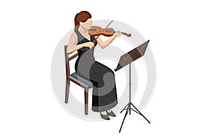 Isometric violinist. Woman playing the violin. Classical stringed musical instrument. Brown violin and bow. Music stand