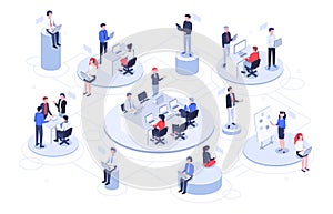 Isometric virtual office. Business people working together, technology companies workspace and teamwork platforms vector