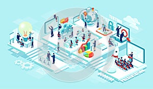 Isometric of virtual office with businesspeople, corporate employees working together on a new startup using mobile devices