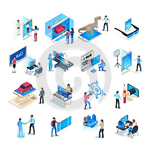 Isometric virtual reality simulations icons. Computer simulation helmet, augmented reality game vector illustration set