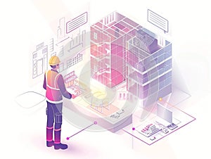 Isometric Visualization of an Engineer planning a large construction project