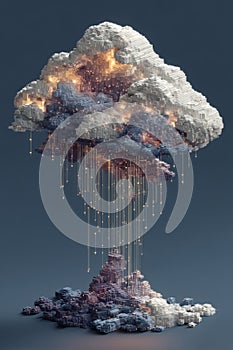 Isometric visualization of a glowing cloud composed of digital pixel blocks