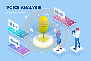 Isometric voice analysis and digital sound wave concept. Musical melody design. Soundwave audio music. Voice message or