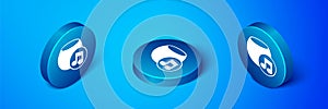 Isometric Voice assistant icon isolated on blue background. Voice control user interface smart speaker. Blue circle