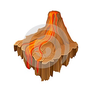 Isometric volcano island with hot flowing lava. Colorful cartoon landscape. Vector element for fantasy game