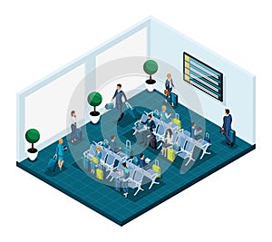 Isometric waiting room for an international airport, business ladies and businessmen on a business trip