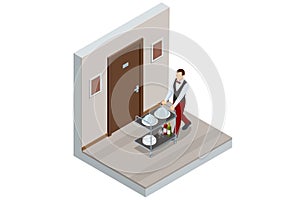 Isometric Waitress in uniform delivering tray with food in a room of hotel. Enjoy the Holiday and Vacation. Room service