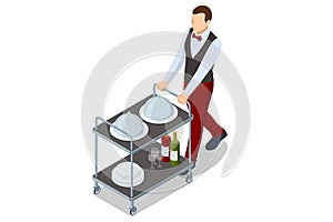 Isometric Waitress in uniform delivering tray with food in a room of hotel. Enjoy the Holiday and Vacation. Room service