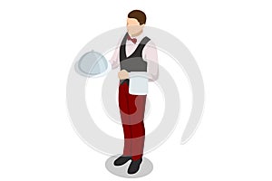 Isometric Waitress in uniform delivering tray with food in a room of hotel. Enjoy the Holiday and Vacation. Room service photo