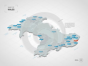 Isometric Wales map with city names and administrative divisions