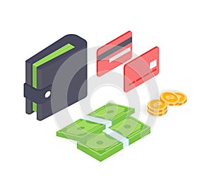 Isometric wallet with cash, coins, and credit cards. Personal finance management and savings concept. Financial