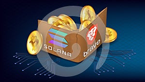 Isometric wallet full of Bitcoin BTC golden coins and logo Brave browser and Solana blockchain on blue. Brave now Integrates with