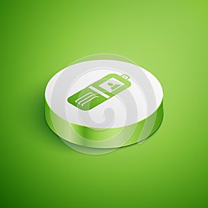 Isometric Wallet icon isolated on green background. Purse icon. Cash savings symbol. White circle button. Vector