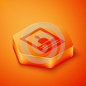 Isometric Wanted poster icon isolated on orange background. Reward money. Dead or alive crime outlaw. Orange hexagon