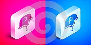 Isometric War journalist correspondent icon isolated on pink and blue background. Live news. Silver square button