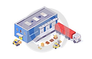 Isometric warehouse box cargo forklift pallet and forklift factory. Delivery goods vector illustration