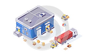 Isometric warehouse box cargo forklift pallet and forklift factory. Delivery goods vector illustration