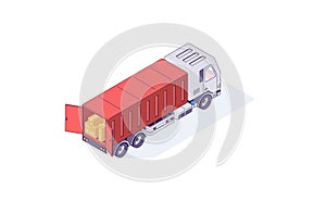 Isometric warehouse box cargo truck and goods. Delivery machine transportation boxes container vector illustration