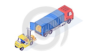 Isometric warehouse boxes forklift truck and loader. Loader load goods into the truck for delivery vector illustration