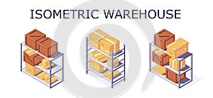 Isometric warehouse boxes pallet shelf and rack. 3d box pallet shelving racking vector illustration