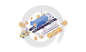 Isometric warehouse boxes truck cargo transport cars. Transportation box delivery trucks and car vector illustration