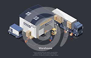 Isometric Warehouse Concept. On Time Delivery Home And Office. Delivery Truck, Work Staff, Manager Controls Process Of