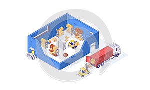 Isometric warehouse container package pallet and forklift factory. Delivery goods vector illustration