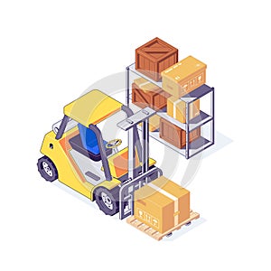 Isometric warehouse forklift with cardboard and wooden boxes on shelf.