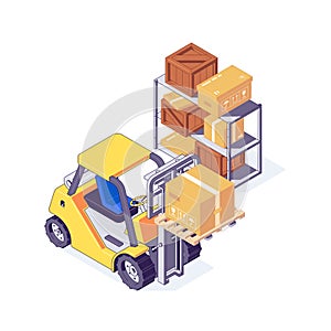 Isometric warehouse forklift with cardboard and wooden boxes on shelf.