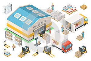 Isometric warehouse icon set, scheme, logistic concept