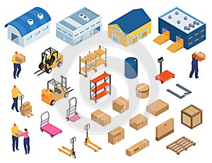 Isometric warehouse, industrial equipment for storage and distribution, set of isolated vector illustrations. Forklifts