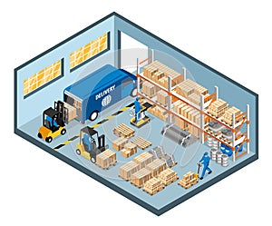 Isometric warehouse interior conceptwith workers loading boxes with forklifts isolated vector