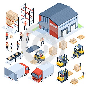 Isometric warehouse logistic. Cargo transport industry, wholesale distribution logistics and distributed pallets 3d