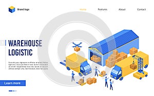 Isometric warehouse logistics vector illustration, cartoon flat website interface design for warehousing company with 3d