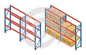 Isometric Warehouse shelves with boxes and empty shelves. Storage equipment icon. Vector isolated on white.