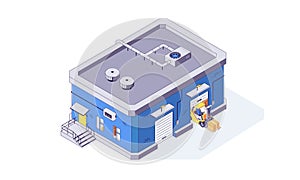 Isometric warehouse storage forklift storehouse building. Delivery logistic depot and interior vector illustration