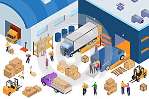Isometric warehouse storage and industrial equipment, 3d vector illustration. Forklift carrying pallets with boxes