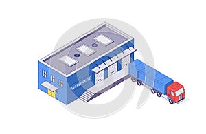 Isometric warehouse storage storehouse truck building. Delivery logistic depot and interior vector illustration