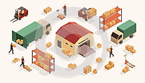 Isometric warehouse vector illustration set, 3d people working in warehouse, worker character loading boxes on trucks