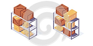 Isometric warehouse wooden and carton boxes pallets and shelf. 3d box pallets shelving racking vector illustration