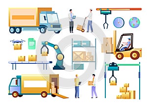 Isometric warehouse workers and equipment, vector isolated illustration. Logistic warehouse services, delivery.